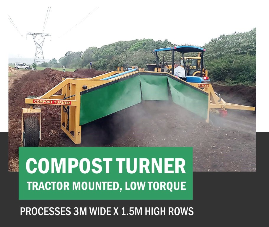 Ritlee Compost Turner - tractor mounted, low torque, processes 3m wide rows